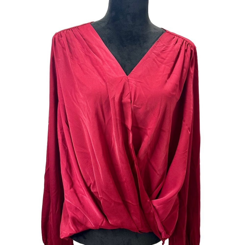 She and Sky Red Faux Wrap Long Sleeve Women's Top Size L NWT